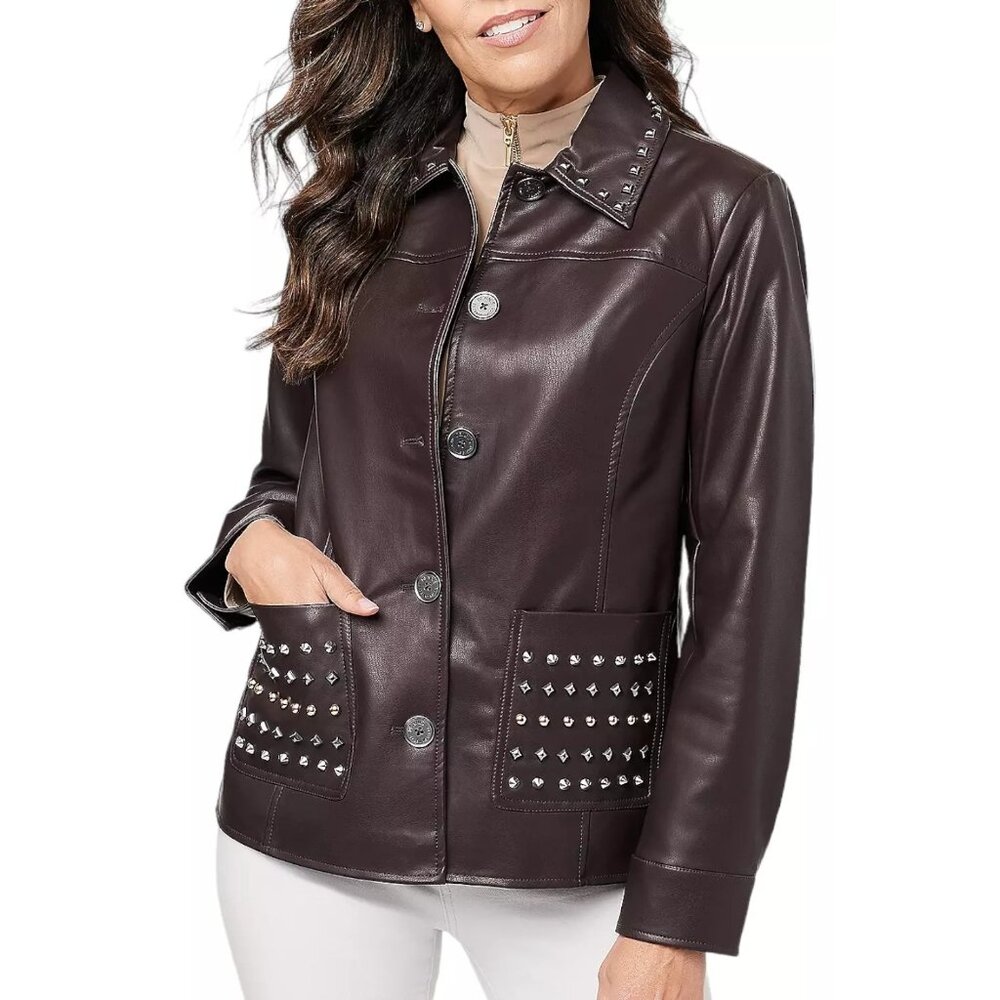 NWOT Dennis Basso Women's Dark Mahogany Faux Leather Studded Jacket Sz XXS 2207